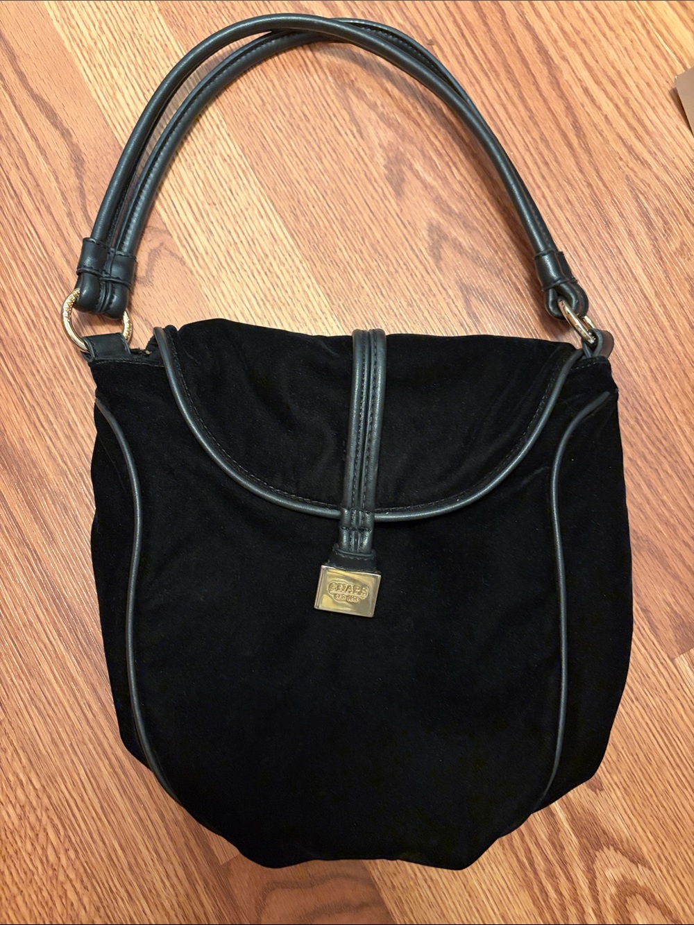 Chaps Vintage Black velvet Shoulder Bag with Gold Plaque Accent